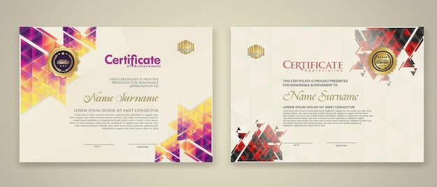 To sæt certifikatskabeloner med dynamisk og futuristisk polygonal farve og moderne baggrund