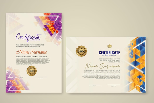 To sæt certifikatskabeloner med dynamisk og futuristisk polygonal farve og moderne baggrund