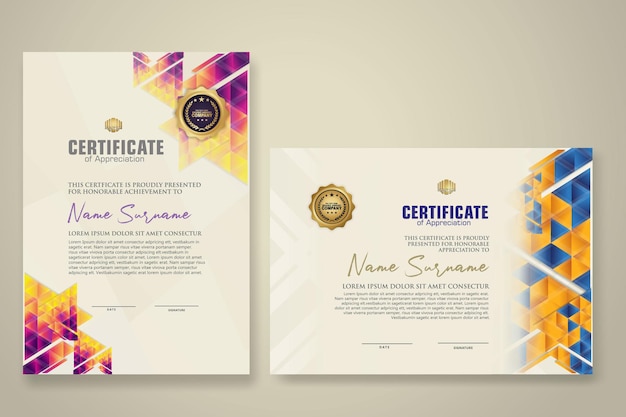 To sæt certifikatskabeloner med dynamisk og futuristisk polygonal farve og moderne baggrund