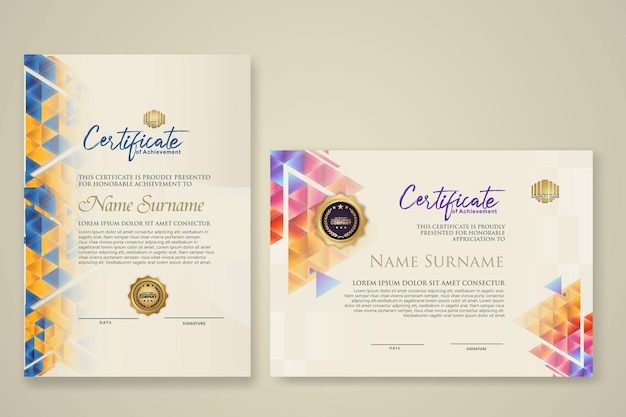 To sæt certifikatskabeloner med dynamisk og futuristisk polygonal farve og moderne baggrund