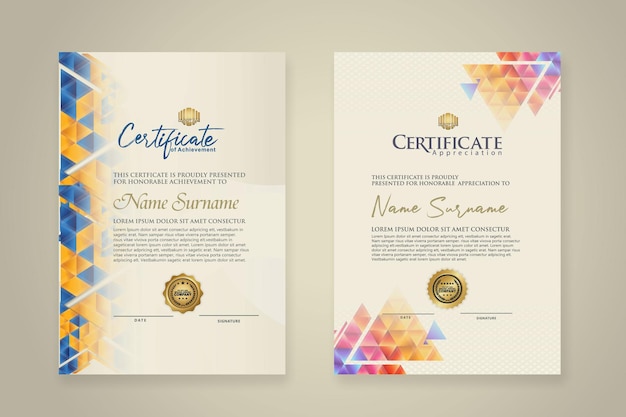 To sæt certifikatskabeloner med dynamisk og futuristisk polygonal farve og moderne baggrund
