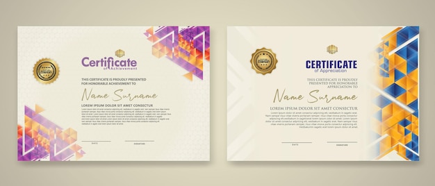 To sæt certifikatskabeloner med dynamisk og futuristisk polygonal farve og moderne baggrund