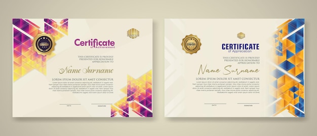 To sæt certifikatskabeloner med dynamisk og futuristisk polygonal farve og moderne baggrund