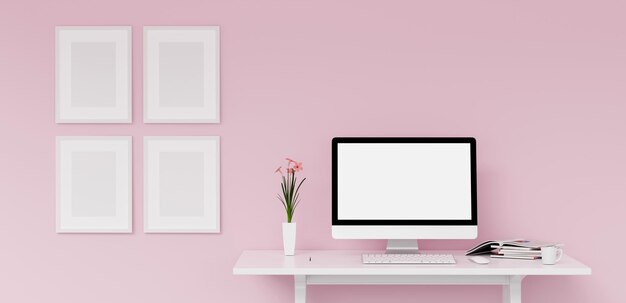 Tom computerskærm og diverse ting på skrivebordet med billedramme i hjemmekontor 3D-rendering illustration