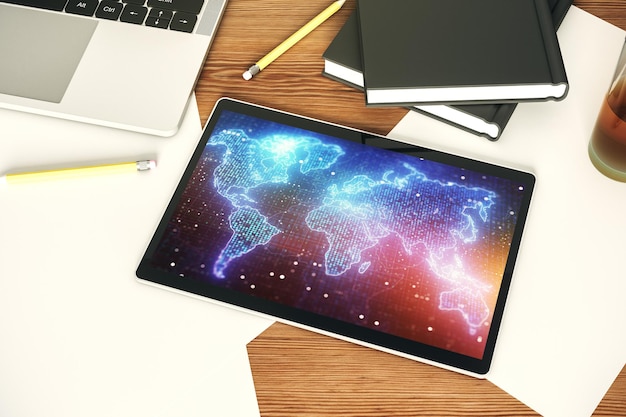 Top view of modern digital tablet monitor with abstract digital world map research and strategy concept 3D Rendering