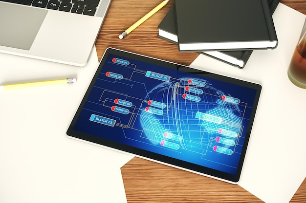 Toppvy av modern digital surfplattaskärm med abstrakt kreativ programmeringsillustration och världskarta, stordata- och blockchain-koncept, 3D-rendering