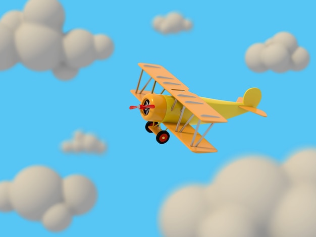 toy plane flies among the cartoon clouds against sky