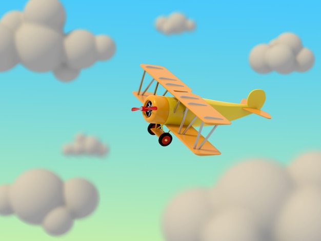 toy plane flies among the cartoon clouds against the sky. bright children's illustration. 3d rendering.