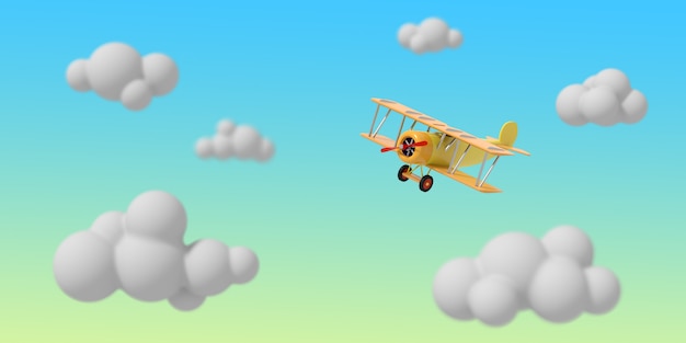 toy plane flies among the cartoon clouds against the sky