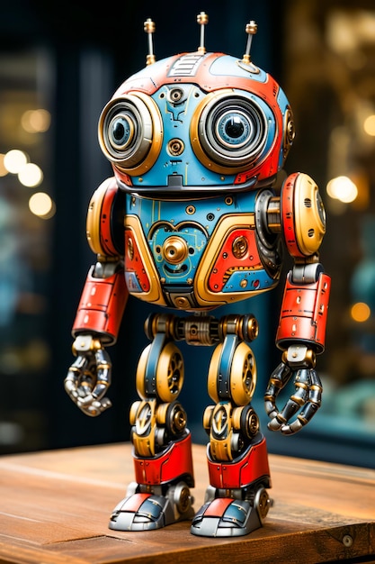 Toy robot sitting on top of table next to window Generative AI