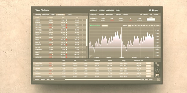 Trade platform forex trading Stock exchange market analysis on wall TV screen 3d illustration