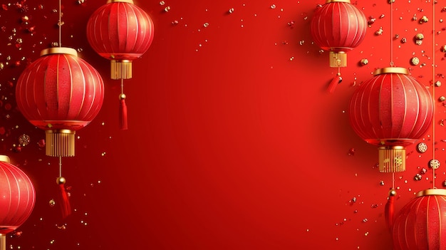 traditional chinese red background greeting with lanterns