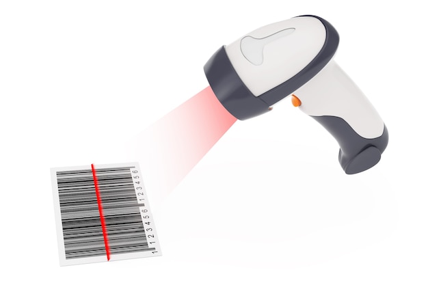 Trådlös manuell streckkodsläsare som läser en streckkod med laserljus på en vit bakgrund. 3D-rendering.