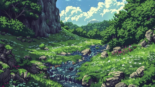Tranquil Pixel Art Landscape with Stream and Clouds