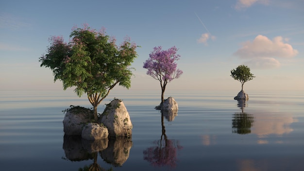 tree on an island in the middle of a lake beautiful landscape 3d illustration cg render