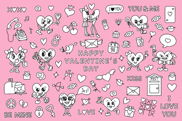 Trendy groovy valentines day sticker set retro valentines day s s aesthetics vintage comic vector