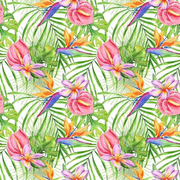 Tropical flowers and leaves seamless pattern exotic floral background botanical endless backdrop