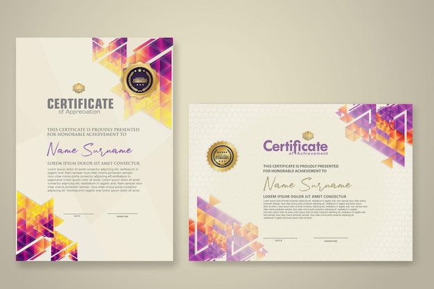 Två uppsättningar certifikatmallar med dynamiska och futuristiska polygonala färger och modern bakgrund