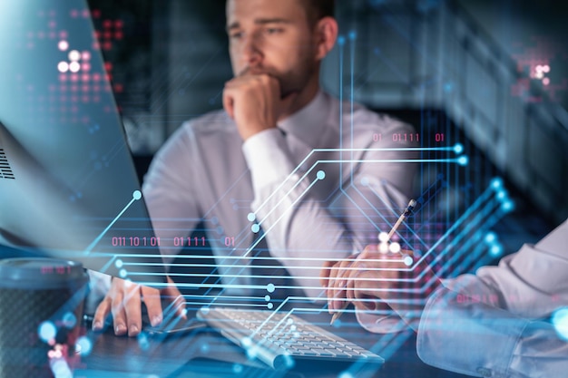 Two colleagues in formal wear working together to optimize business process by applying new technologies Hi tech holograms over modern office background with panoramic windows