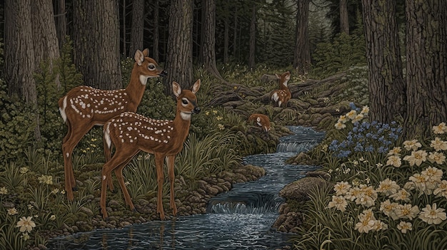 two fawns by a serene stream in a forest setting