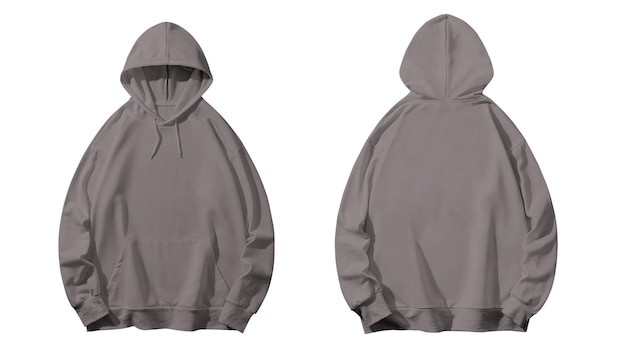 Two grey hoodies front and back views blank long sleeves drawstring hood