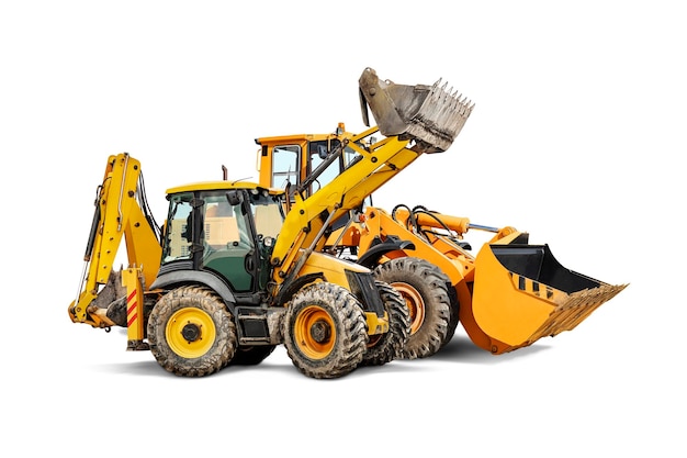 two heavy front loaders or bulldozers on a white isolated background construction equipment and transport transportation and movement of bulk materials excavation element for design