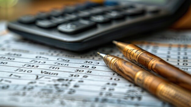 Two Pens and a Calculator on a Table with Numbers
