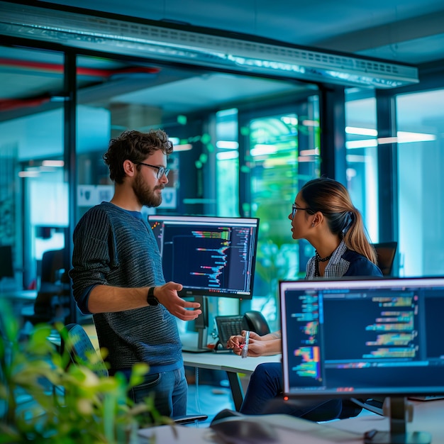 two people are talking in front of a computer screen that says start