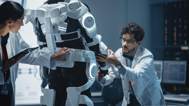 Two people in lab coats are working on a robot.