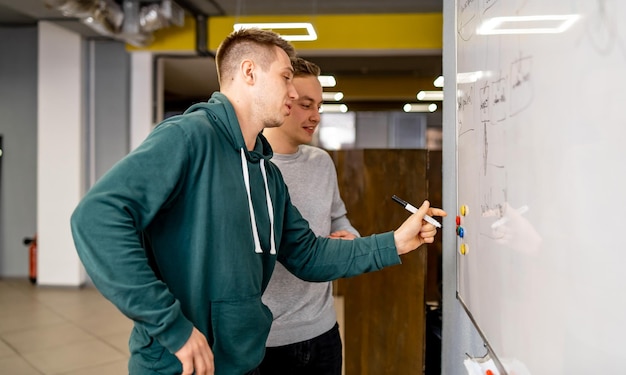 Two programmers writing at the board while working in a software develop company office Developing programming and coding technologies concept