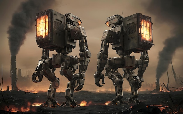 two robots are in a dark space with flames and fire