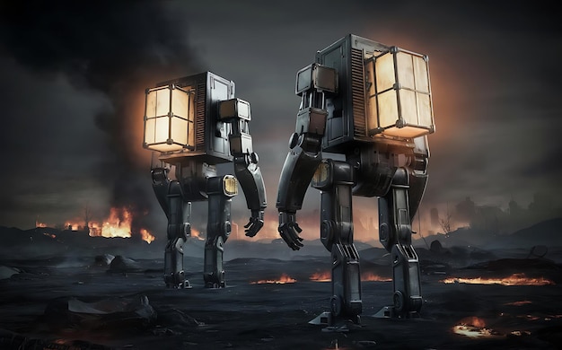 two robots are standing in a desert with a fire behind them
