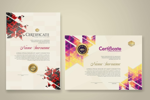 two set certificate template with dynamic and futuristic polygonal color and modern background