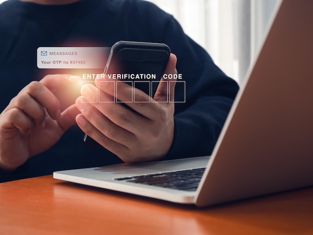 Two steps authentication or 2FA cyber security technology concept Empty verification code input box appear while people received otp password from inbox sms message application on smartphone