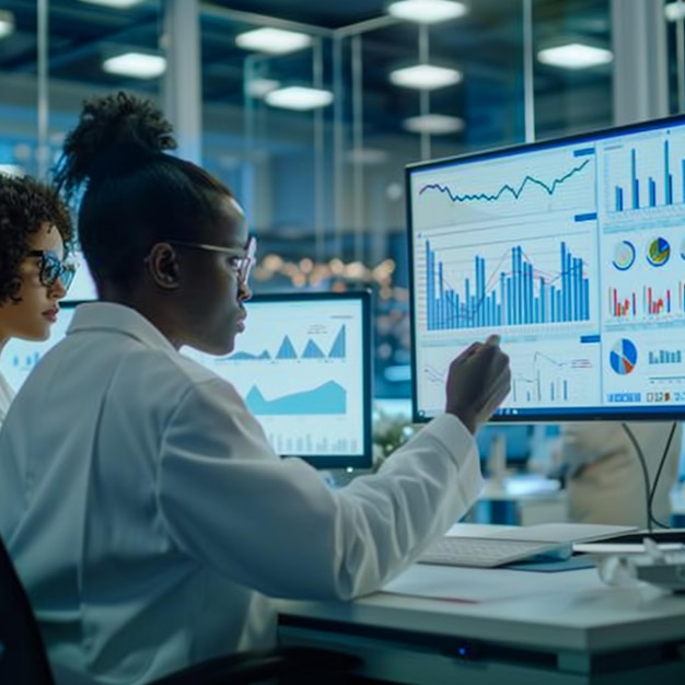 two women are looking at a computer screen with graphs and charts