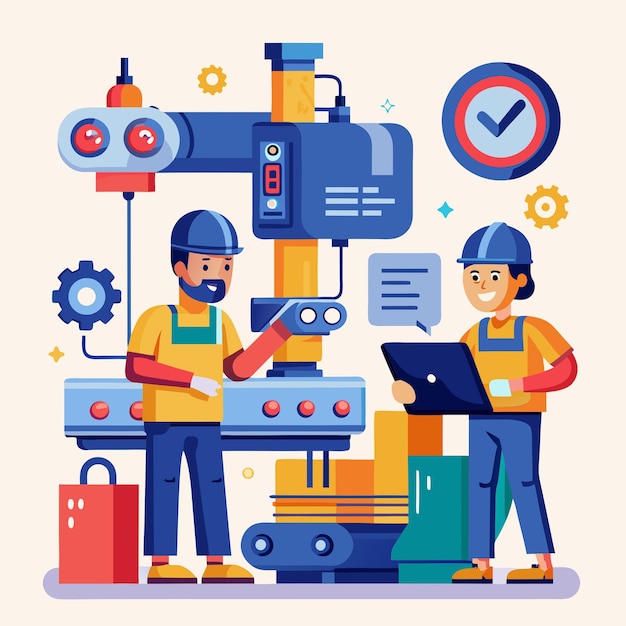 Two Workers Monitor an Automated Manufacturing Line