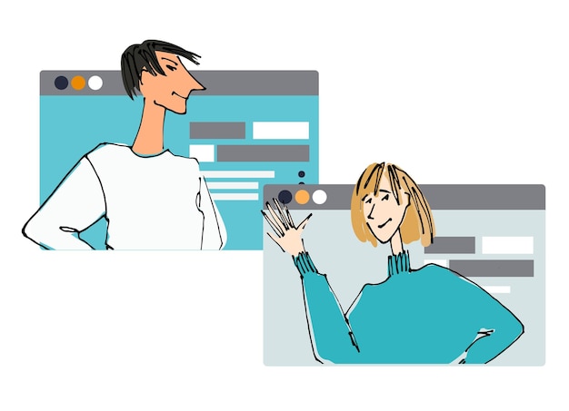 Two Young people in front of a computer screen Flat style isolated vector element