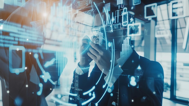 Unrecognizable businessman in office using high tech futuristic assumed virtual reality VR