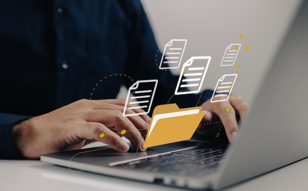 Uploading documents from folder Open File folder with flying blank documents with laptop computer Data transfer backup File Sharing Document Transferring concept