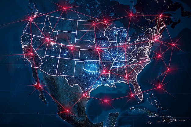 us map with red connecting lines
