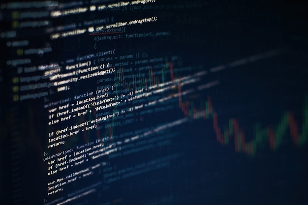 Utvecklares programmeringskod. Abstrakt datorskriptkod. Programmeringskodsskärm för programvaruutvecklare. Tid för programvaruprogrammering.