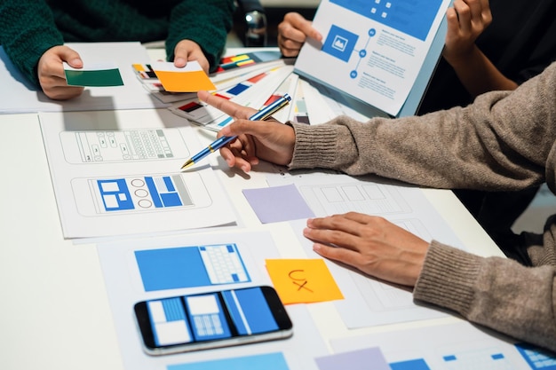 UX developer and ui designer brainstorming about mobile app interface wireframe design with customer breif and color code User experience concept