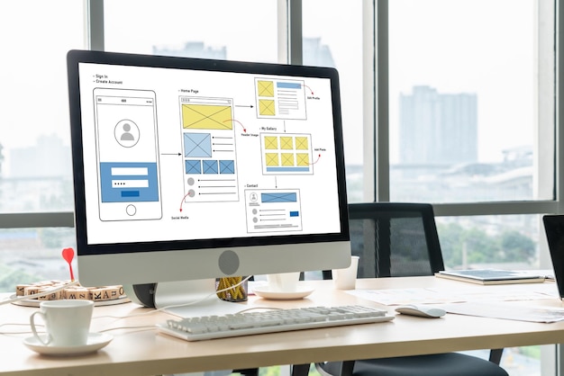 UX UI-designprocess för modern mobilapplikation och webbplats. Kreativ prototyp av wireframe för professionell apputvecklare
