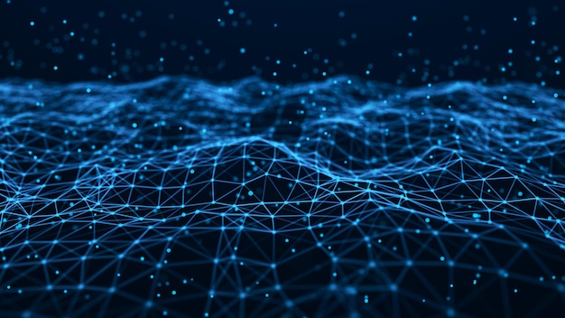 Våg av partiklar. Futuristisk bakgrund med blå prickar och en dynamisk våg. Stordata 3D-rendera