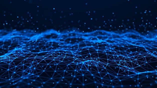 Våg av partiklar. Futuristisk bakgrund med blå prickar och en dynamisk våg. Stordata 3D-rendera