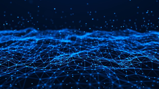 Våg av partiklar. Futuristisk bakgrund med blå prickar och en dynamisk våg. Stordata 3D-rendera