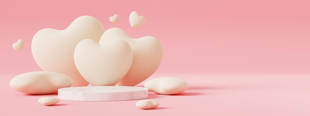 Valentine'day concept.Marble cylinder podium and heart with paper texture on pink background.Minimal concept of showcase for product mockup. 3D rendering illustration.