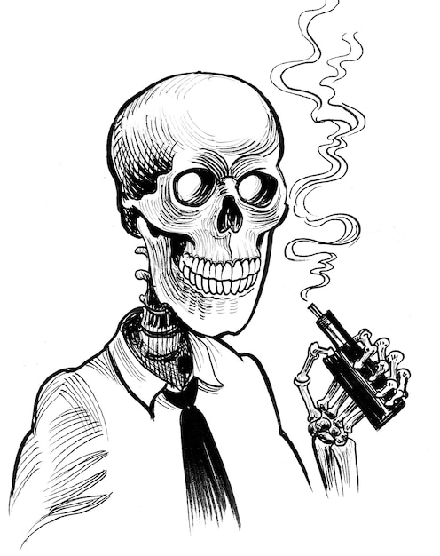 vaping skeleton ink black and white drawing