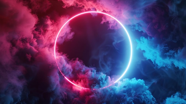 Vaporous neon circle in a colorful sky of red and blue hues surrounded by soft clouds creating a surreal atmosphere