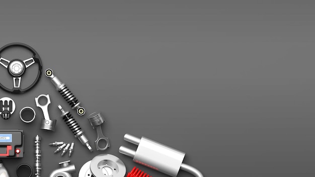 Various car parts and accessories on grey background 3d illustration